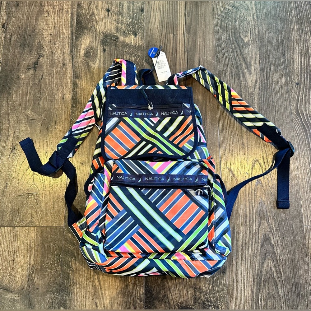 NWT NAUTICA Captain's Quarter drawstring backpack/beach bag rip stop stripe
